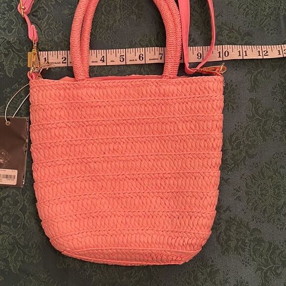 Crossi NWT pink woven straw handbag with handles and removable crossbody strap - Picture 5 of 12